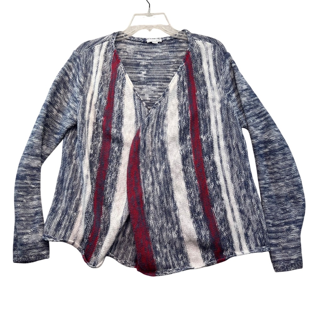 J. Jill Petite M Striped Knit Sweater Navy Red White V Neck Light Boho Casual‎